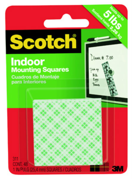 Scotch 311DC Heavy Duty Indoor Mounting Square Tape, 1" x 1", White, 48-Count