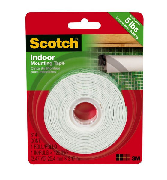 Scotch 314/DC Heavy Duty Indoor Mounting Tape, 1" x 125", White