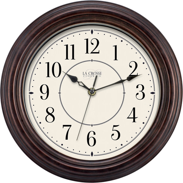 La Crosse® 404-2630W Plastic Round Wall Clock, Antique Brown, 12"