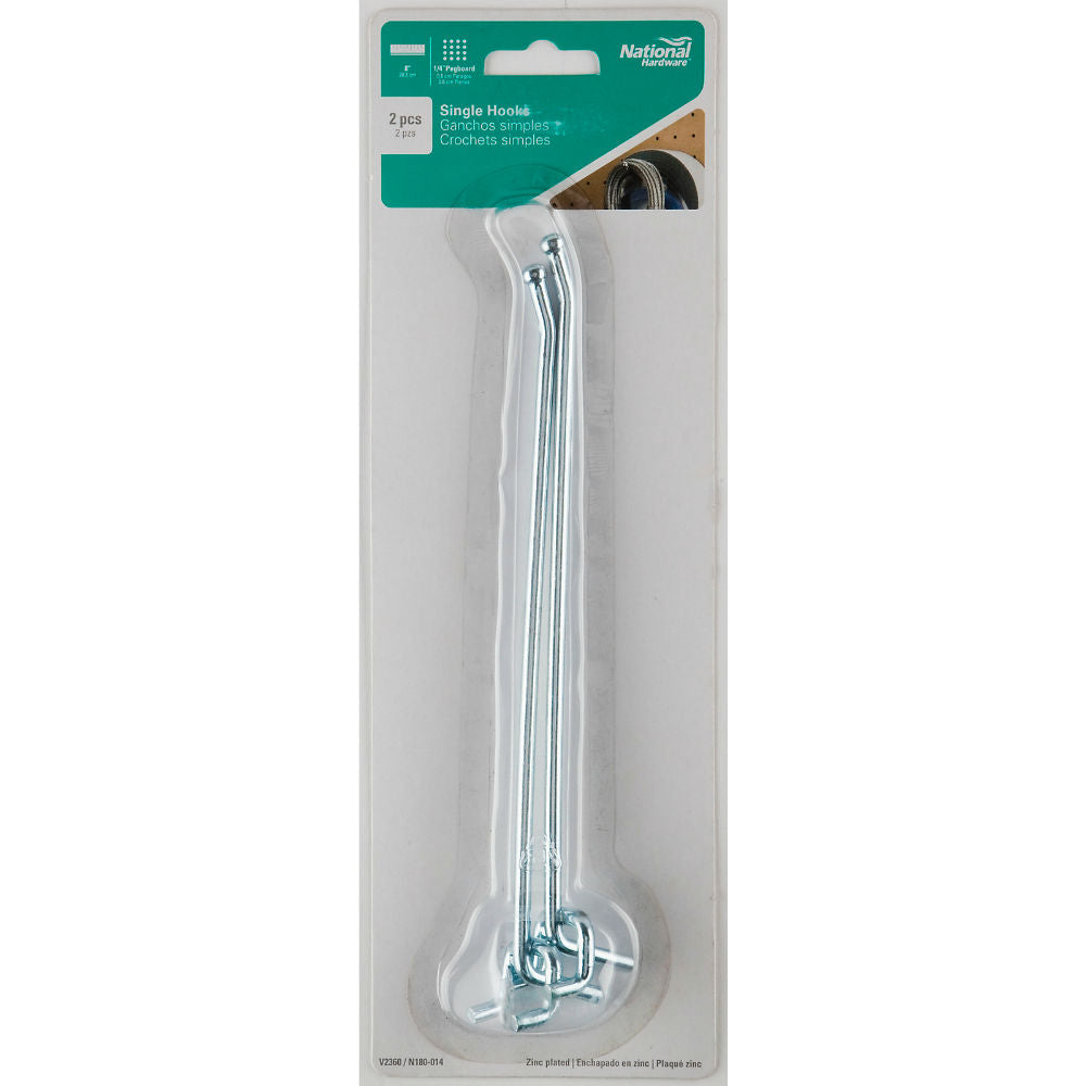 National Hardware® N180-014 Single Steel Hooks, Zinc Plated, 8", 2-Pack