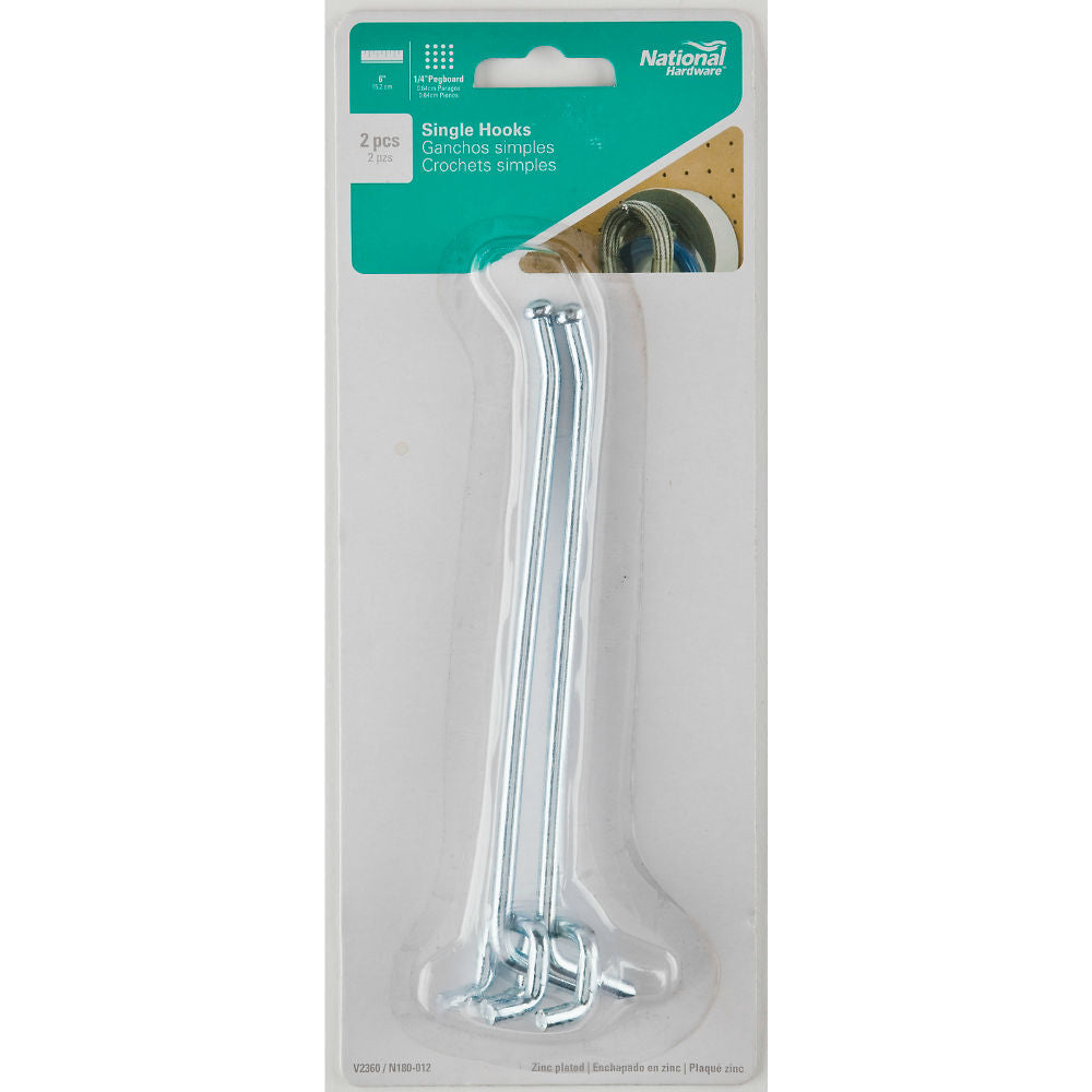 National Hardware® N180-012 Single Steel Hooks, Zinc Plated, 6", 2-Pack