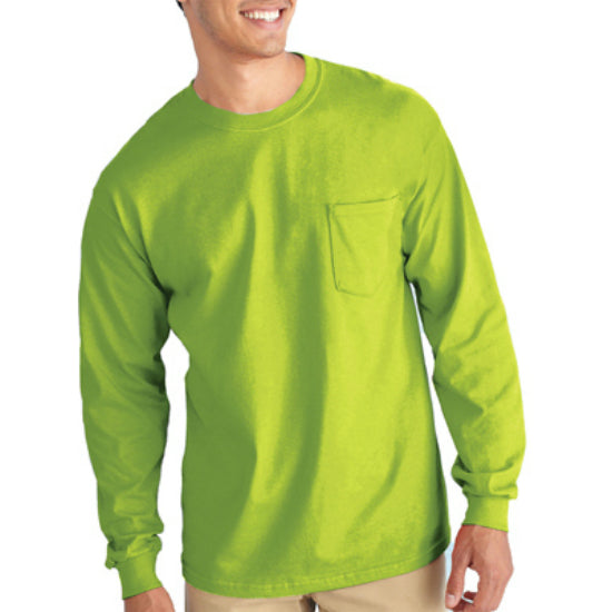 Gildan® G2410GRN-M Men's Adult Long Sleeve T-Shirt w/Pocket, Large, Safety Green