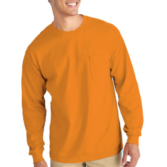 Gildan G2410ORG-L Men's Adult Long Sleeve T-Shirt w/Pocket, Large, Safety Orange