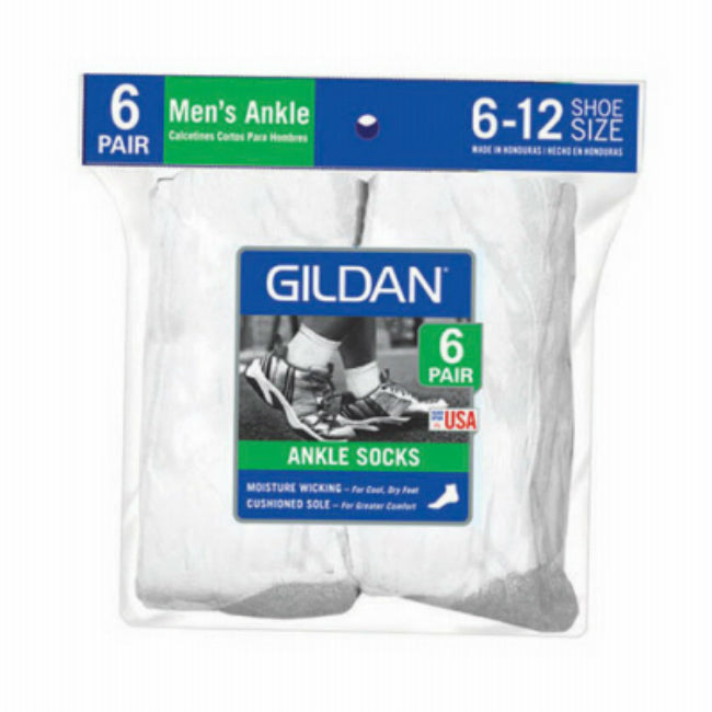 Gildan 1048593 Men's Ankle Gray Heel/Toe Socks, White, 6-Pack