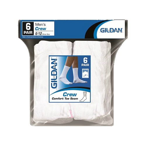 Gildan GB753-6MGHT Men's Crew Socks, White, 6-Pack