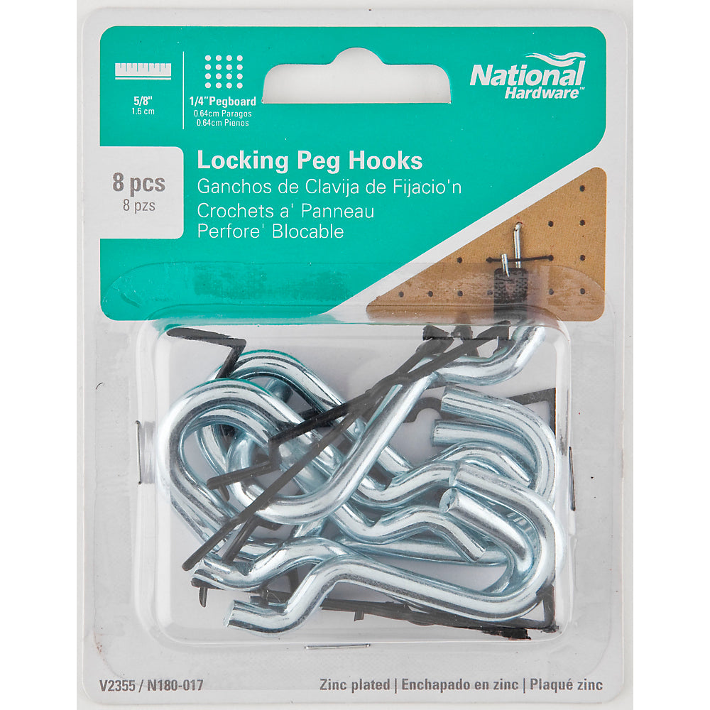 National Hardware® N180-017 Locking Pegboard Curved Hooks, 5/8", Zinc Plated