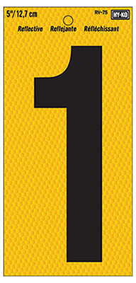 Hy-Ko RV-75/1 Adhesive Vinyl Reflective Number 1, Black/Yellow, 5"