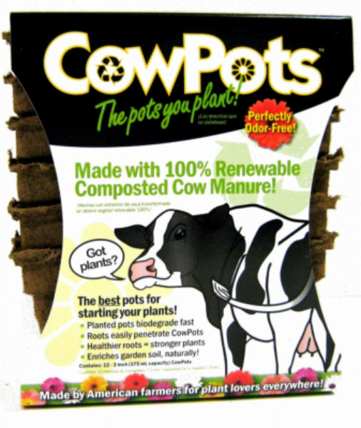 CowPots™ CP-3-SQ-12PK-12PKS Biodegradable Plant Pots, Square, 3", 12-Pack