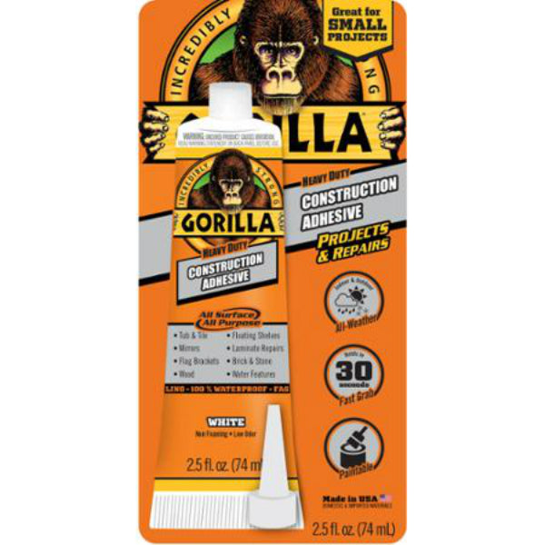 Gorilla® 8020002 Heavy-Duty Construction Adhesive, White, 2.5 Oz