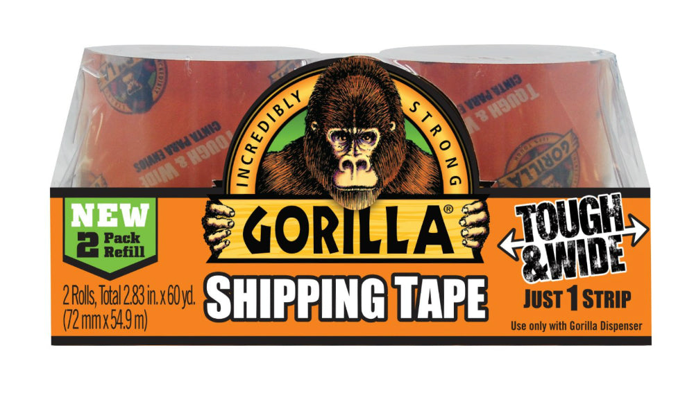 Gorilla® 6030402 Tough & Wide Packaging Tape, Clear, 3" x 30 Yd, 2-Pack Refill