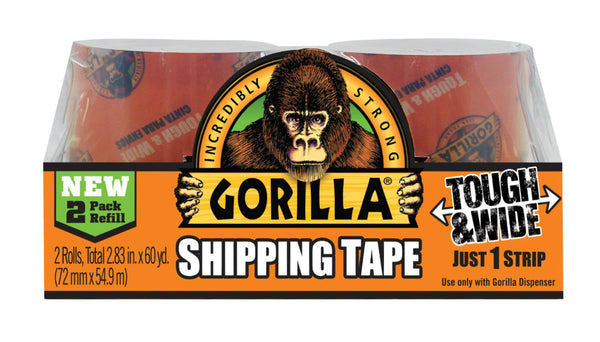 Gorilla® 6030402 Tough & Wide Packaging Tape, Clear, 3" x 30 Yd, 2-Pack Refill