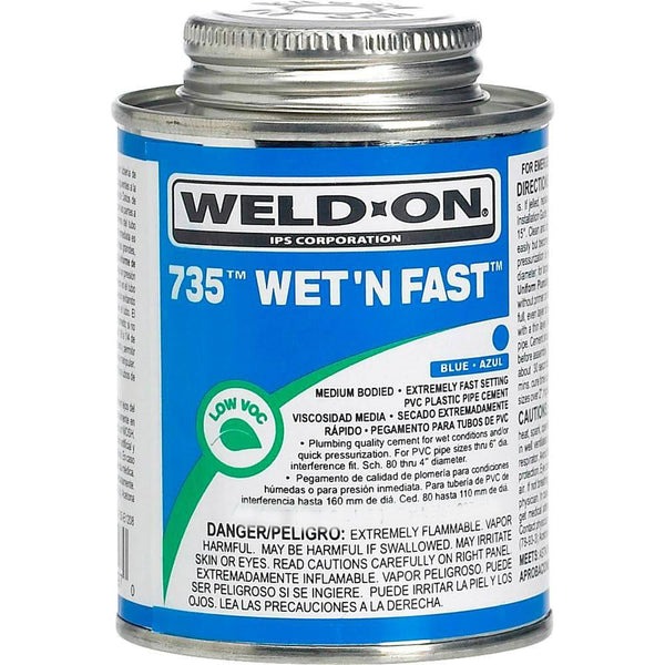 Weld-On® 12498 735™ Wet 'N Fast™ Low VOC PVC Cement, Blue, 1/4 Pt