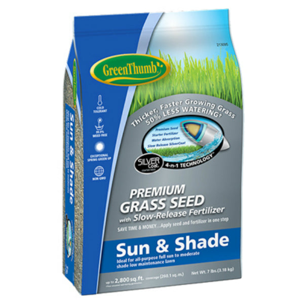 Green Thumb® GREUN165 Premium Coated Sun & Shade Grass Seed, 7 Lb