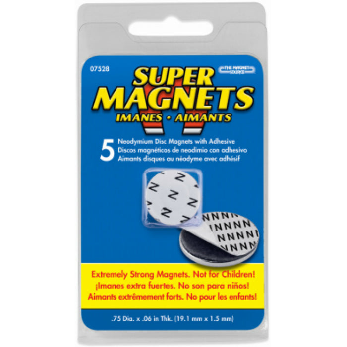 The Magnet Source™ 07528 Neodymium Discs Magnets w/Foam Adhesive, 0.75"x0.06", 5-PC