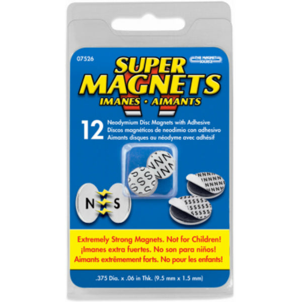 The Magnet Source Neodymium Discs Magnets w/Foam Adhesive, 0.375" x 0.06", 12-PC