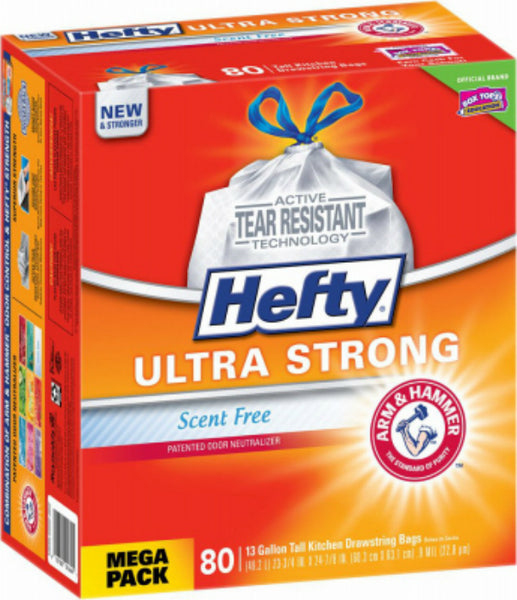 Hefty E84676 Ultra Strong Tall Drawstring Trash Bags, Scent Free, 13-Gal, 40-Ct