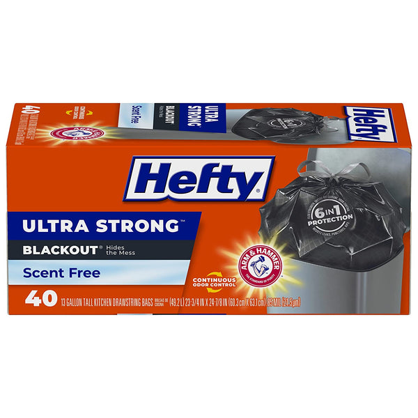 Hefty E88328 Ultra Strong Tall Drawstring Trash Bags, Black, 13-Gallon, 40-Ct