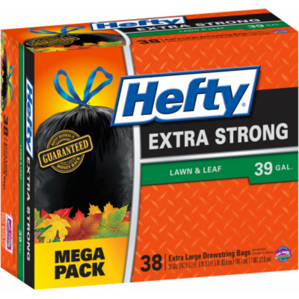 Hefty E87038 Extra Strong Lawn & Leaf Drawstring Bags, Black, 39-Gallon, 38-Ct