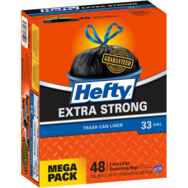 Hefty E86048 Extra Strong Drawstring Trash Can Liner, X-Large, 33-Gallon, 48 Ct