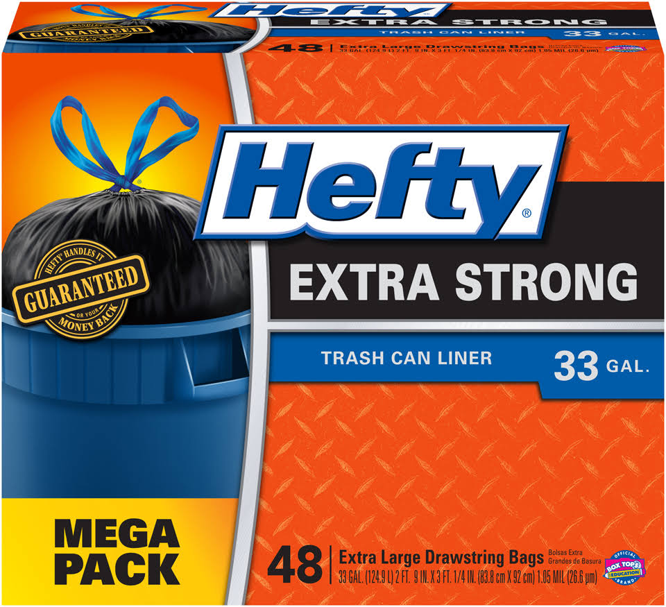 Hefty E86048 Extra Strong Drawstring Trash Can Liner, X-Large, 33-Gallon, 48 Ct