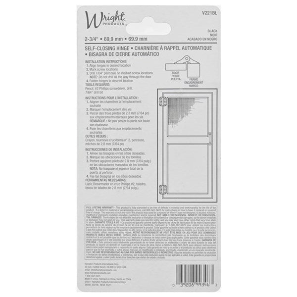 Wright Products™ V226BL Self-Closing Spring Loaded Hinges, Black, 2-3/4", 2-Pack
