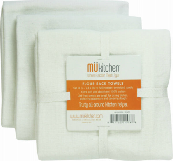 Mukitchen® 6600-1201 Cotton Solid Flour Sack Towel Sets, White, 3-Pack