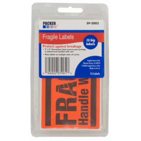 Packer One™ SP-2003 Fragile Stickers Labels, 3" x 5", 25-Count