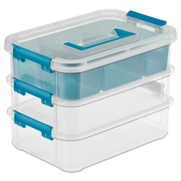 Sterilite 14138606 Stack & Carry 3-Layer Handle Box with Divider Tray