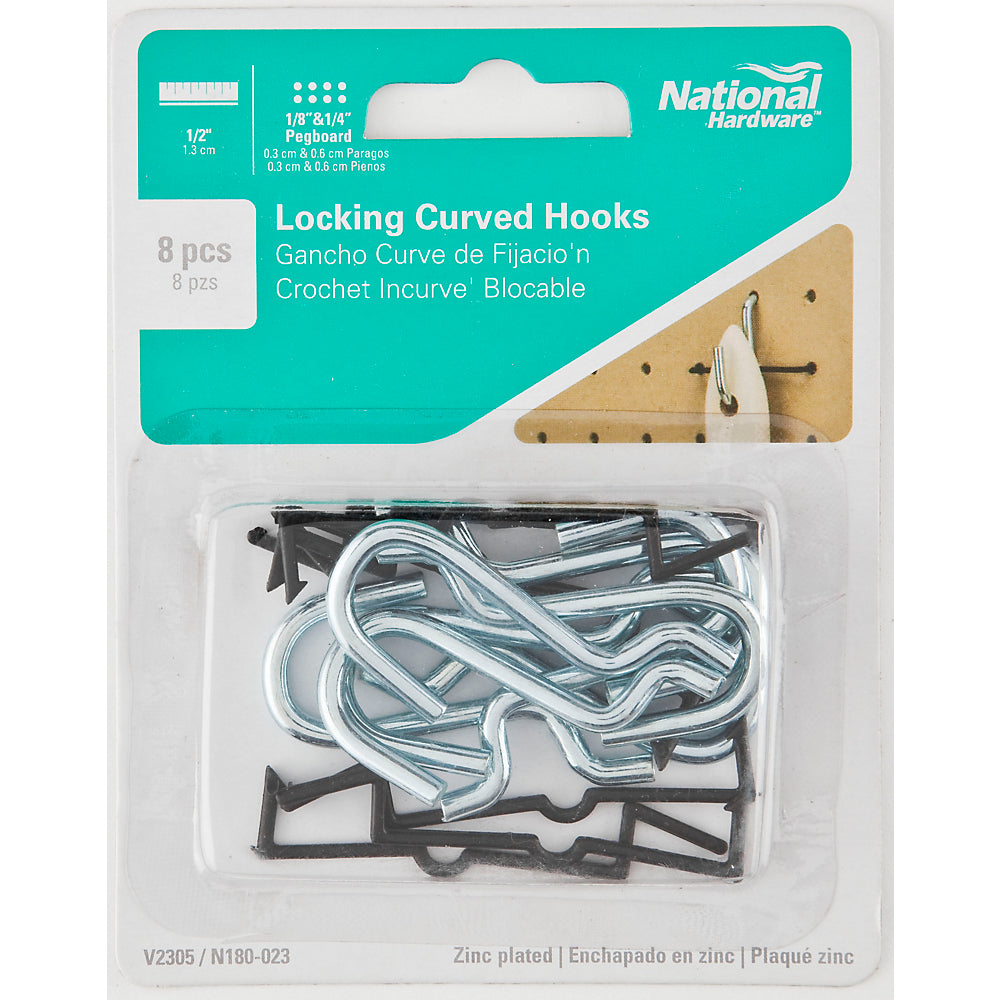 National Hardware® N180-023 Zinc Plated Locking Curved Hook, Steel, 1/2", 8-Pack