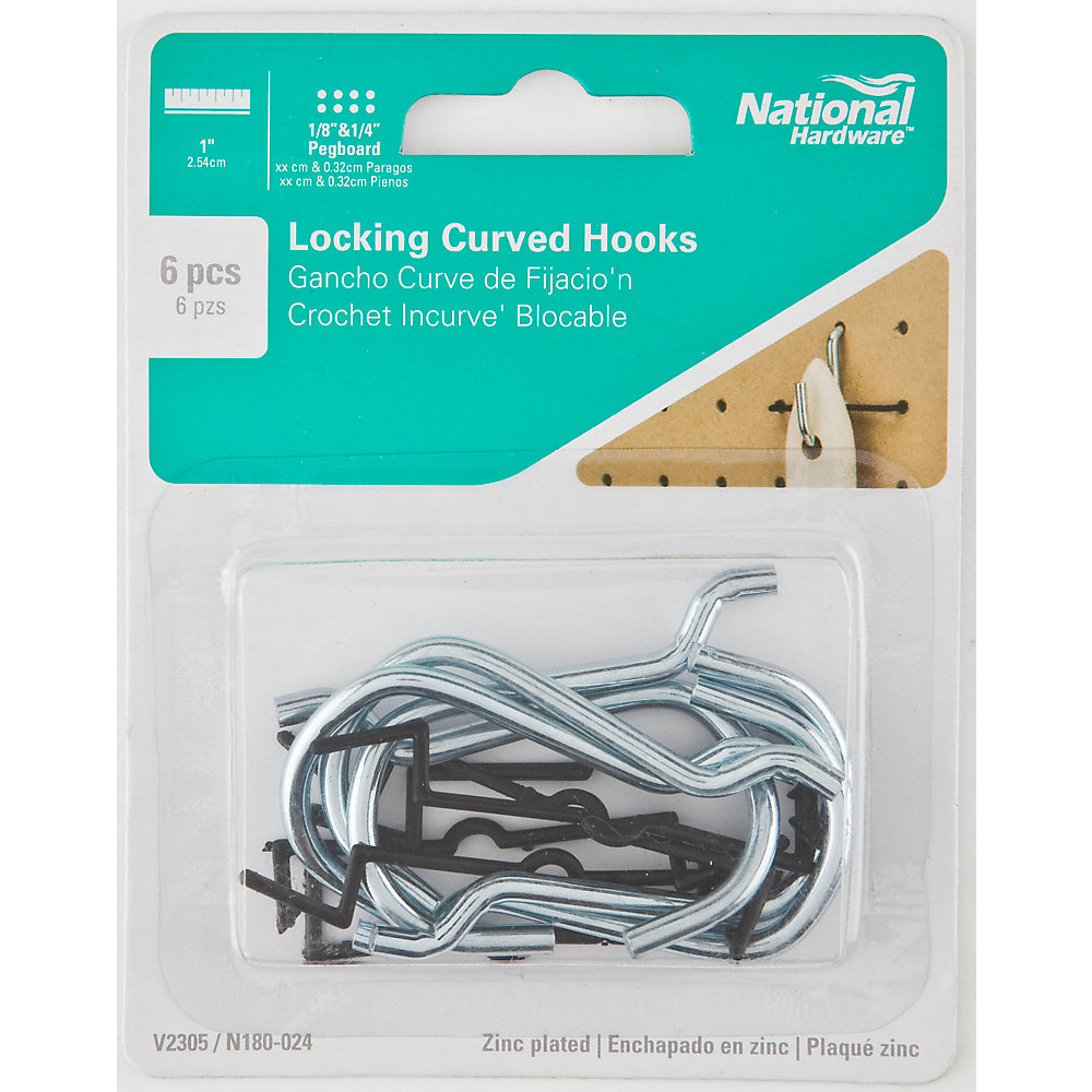National Hardware® N180-024 Zinc Plated Locking Curved Hook, Steel, 1", 6-Pack