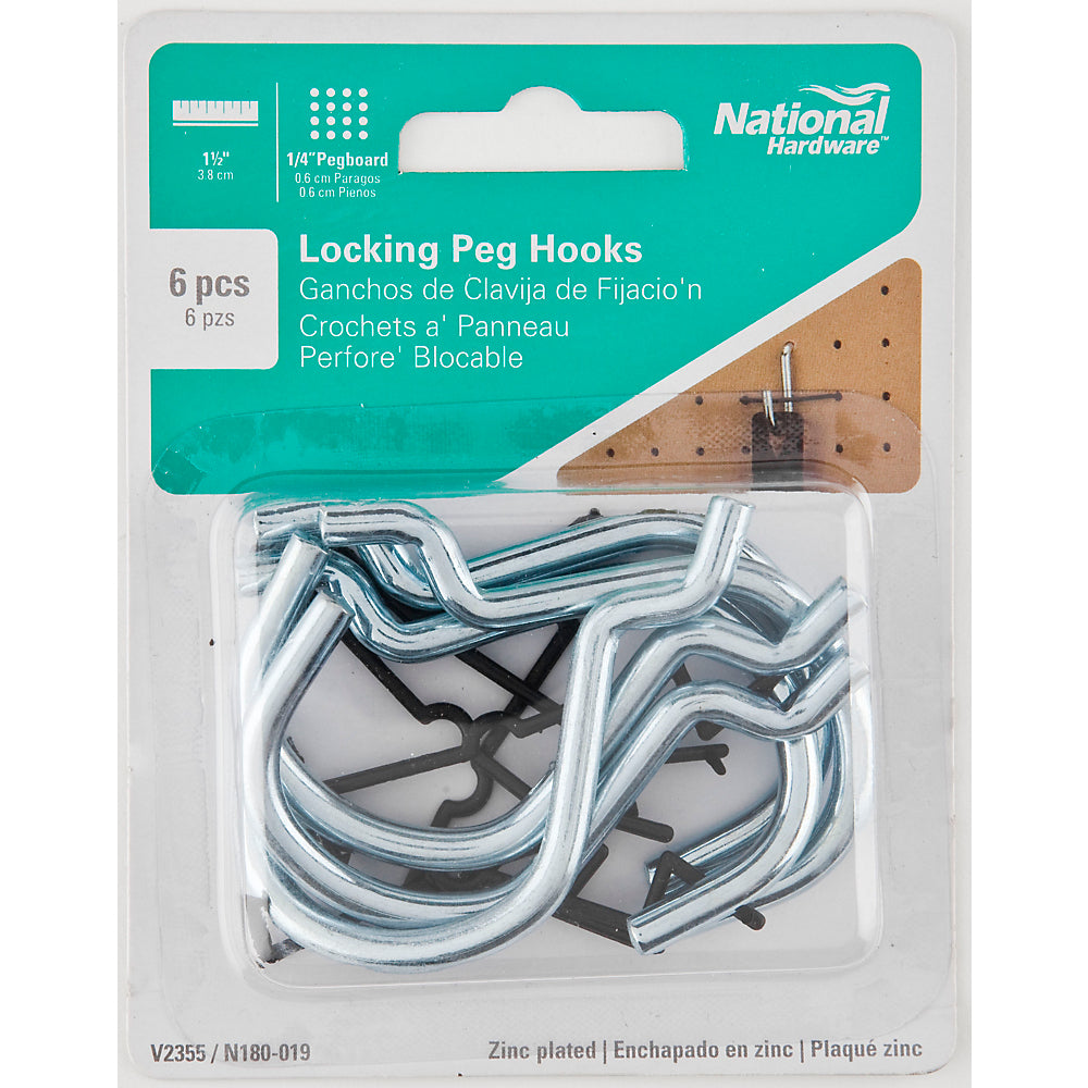 National Hardware® N180-019 Locking Peg Curved Hook, Steel, 1-1/2", 6-Pack