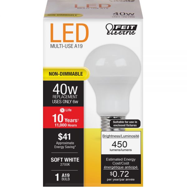 Feit Electric A450/827/10KLED Non-Dimmable LED Light Bulb, Soft White, 6W