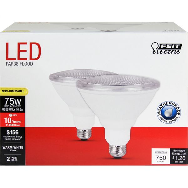 Feit PAR3875/10KLED/2 Weatherproof Non-Dimmable PAR38 LED Bulb, 10.5W, 2-Pack