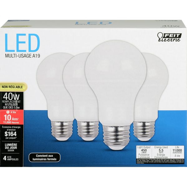 Feit Electric® A450/850/10KLED/4 Non-Dimmable LED Bulb, Daylight, 5.5W, 4 Pack