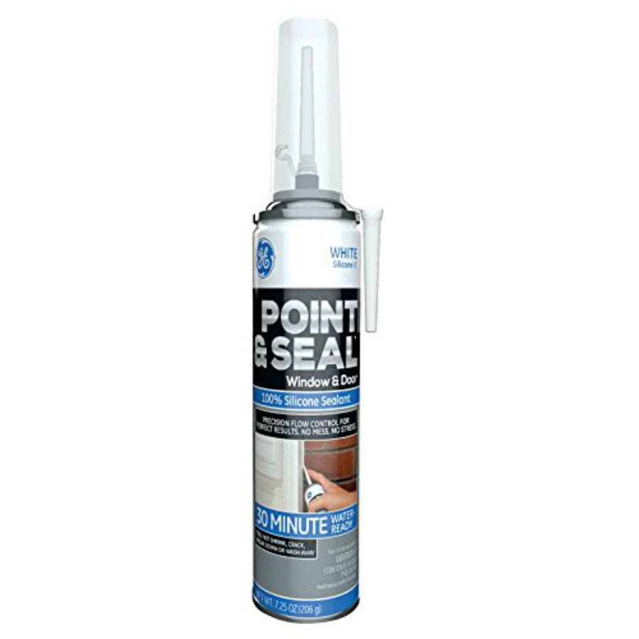 GE M90059 Point & Seal 100% Silicone Window & Door Sealant, White, 7.25 Oz
