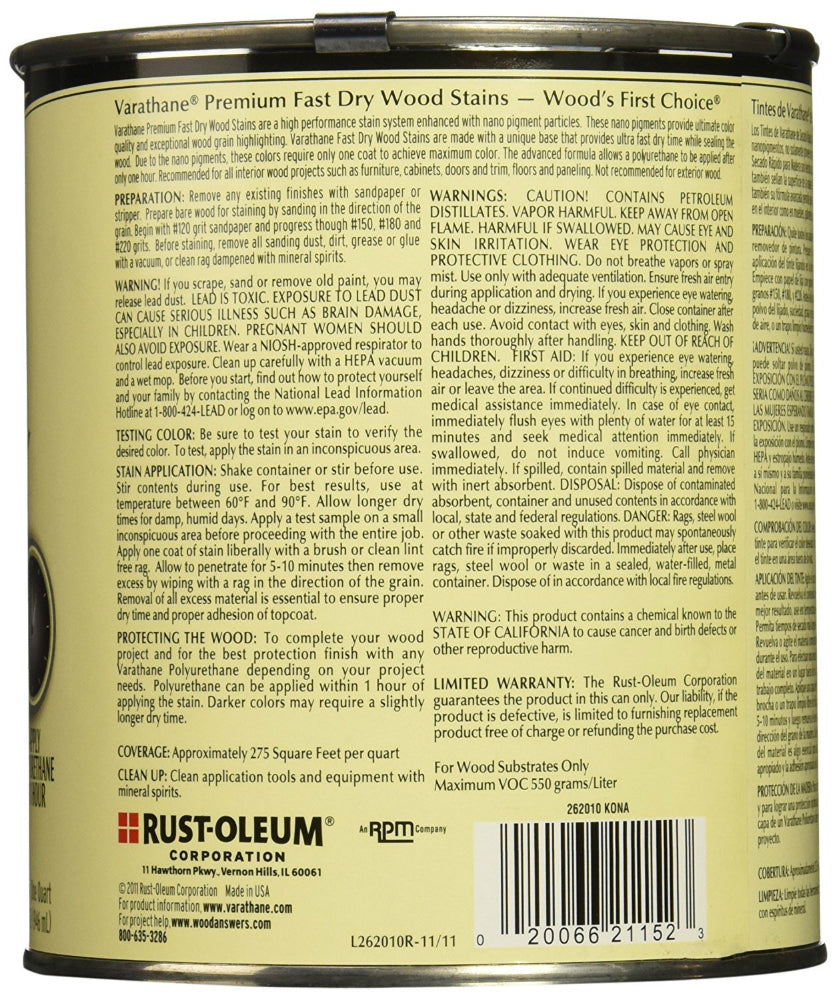 Varathane 262010 Premium Fast Dry Oil-Based Wood Stain, Kona, 1 Qt