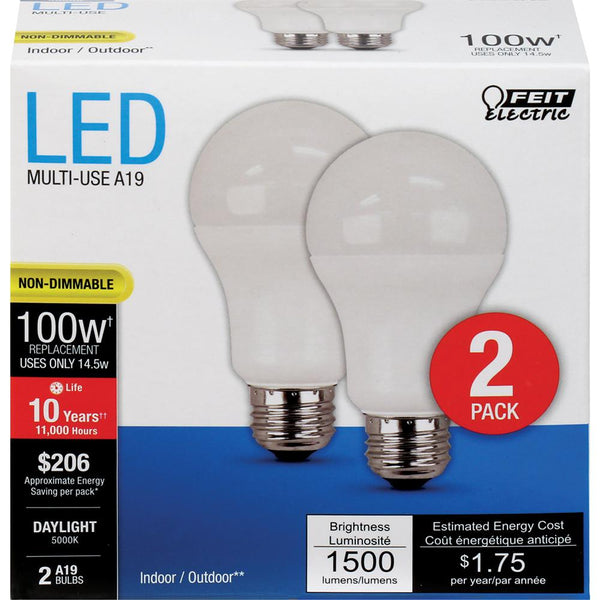 Feit® A1600/850/10KLED/2 Non-Dimmable A19 LED Bulb, Daylight, 14.5W, 2-Pack