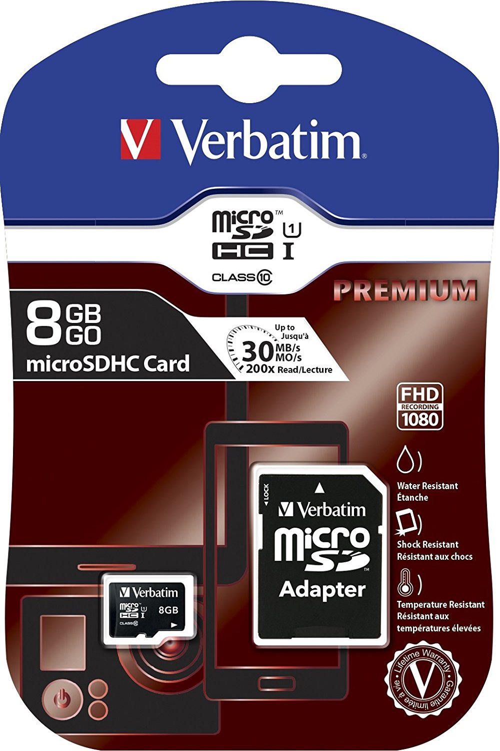Verbatim® 44081 Premium microSDHC™ Memory Card w/ Adapter, UHS-I Class 10, 8GB