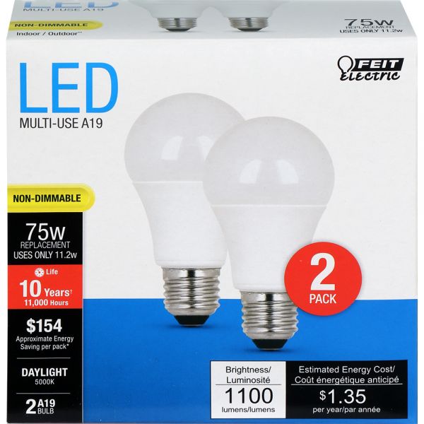 Feit® A1100/850/10KLED/2 Non-Dimmable A19 LED Bulb, Daylight, 11.2W, 2-Pack