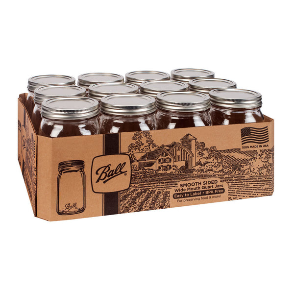 Ball® 1440067500 Smooth-Sided Wide Mouth Mason Jar w/Lid & Band, 1-Qt, 12-Pack