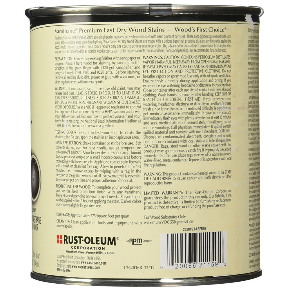 Varathane 262016 Premium Oil-Based Fast Dry Wood Stain, Cabernet, 1 Qt
