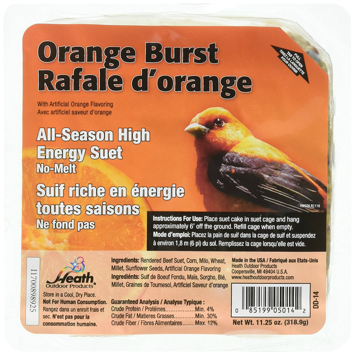 Heath® DD-14 No Melt All-Season Orange Burst Suet Cake, 11.25 Oz