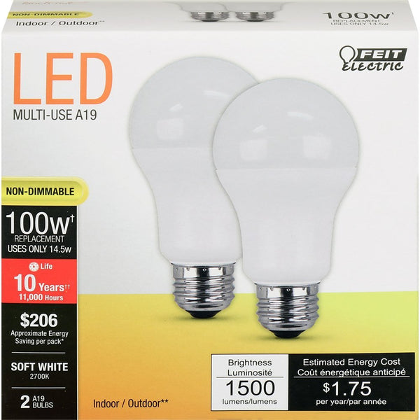 Feit A1600/827/10KLED/2 Non-Dimmable A19 LED Bulb, Soft White, 14.5W, 2-Pack