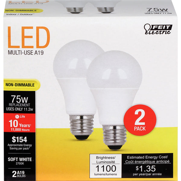 Feit® A1100/827/10KLED/2 Non-Dimmable A19 LED Bulb, Soft White, 11.2W, 2-Pack