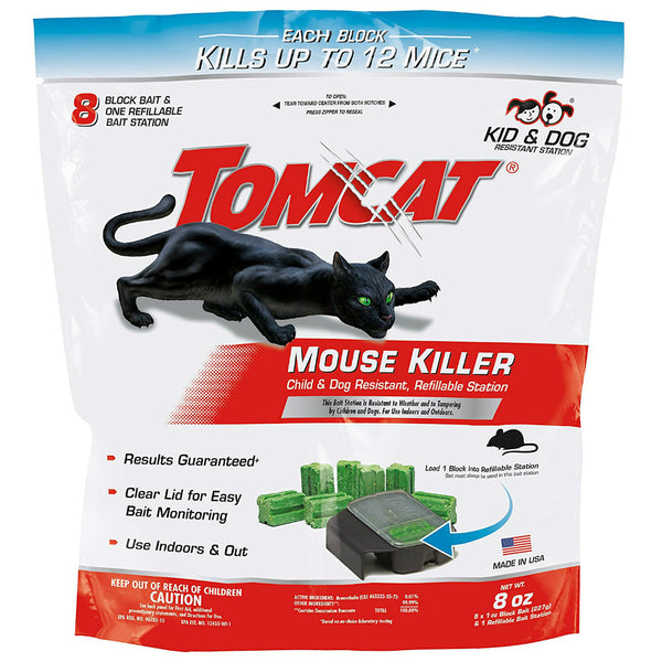 Tomcat 0372010 Child & Dog Resistant Mouse Killer, 1-Station & 8 Oz Block Bait