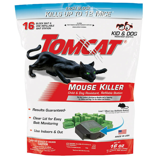Tomcat 0372110 Child & Dog Resistant Mouse Killer w/1-Station & 16 Oz Block Bait