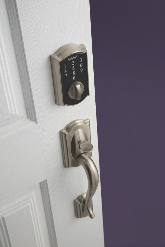 Schlage® BE375VCAM619 Touch Keyless Touchscreen Deadbolt w/Camelot Trim, Satin Nickel