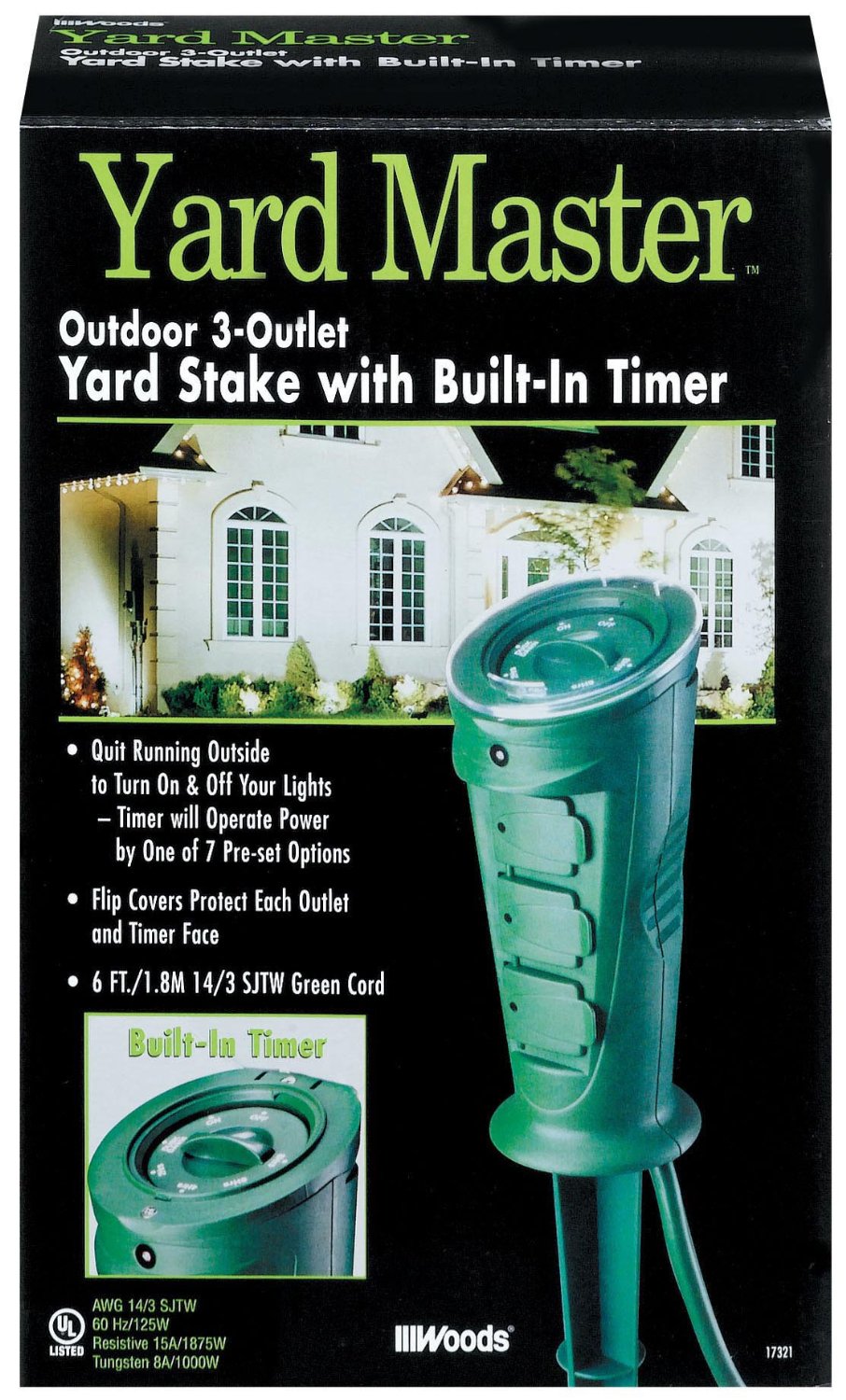 Woods® 17321 Outdoor 3-Outlet Yard Stake w/Built-in Power Strip Timer & 6' Cord