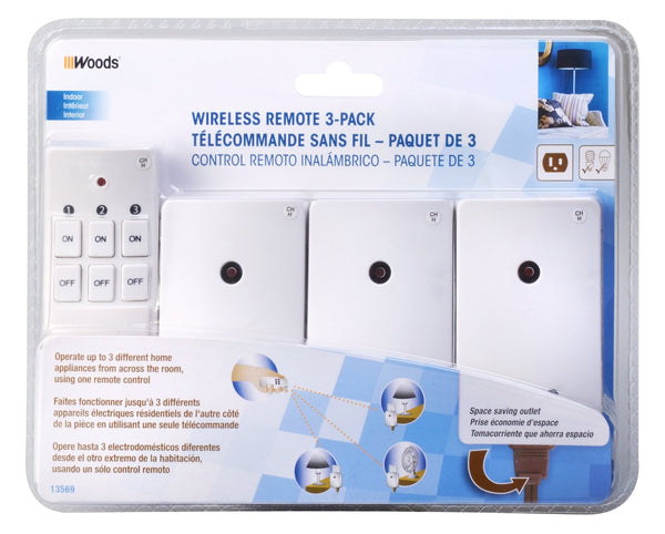 Woods 13569 Indoor Plug-In Wireless Remote Control with 3-Outlets, White