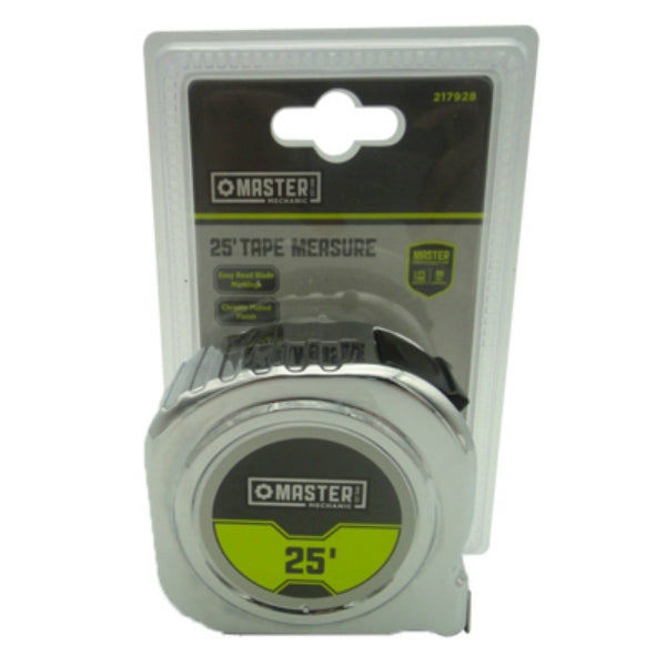 Master Mechanic 217928 Tape Measure with Belt Clip & Chrome Case, 1" x 25'